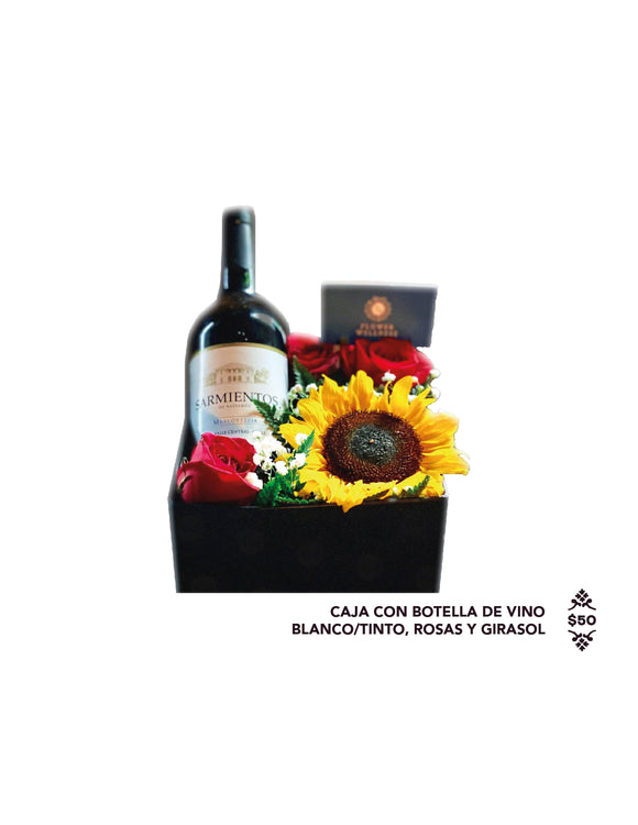 Caja con botella de vino blanco o tinto, rosas y girasol